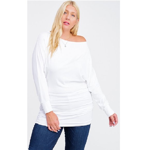 NWT PLUS SZ Off Shoulder White Ruched Top - Picture 4 of 4